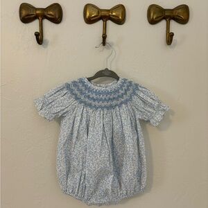 Stitchy Fish Blue Floral Smocked Bubble 3 Months